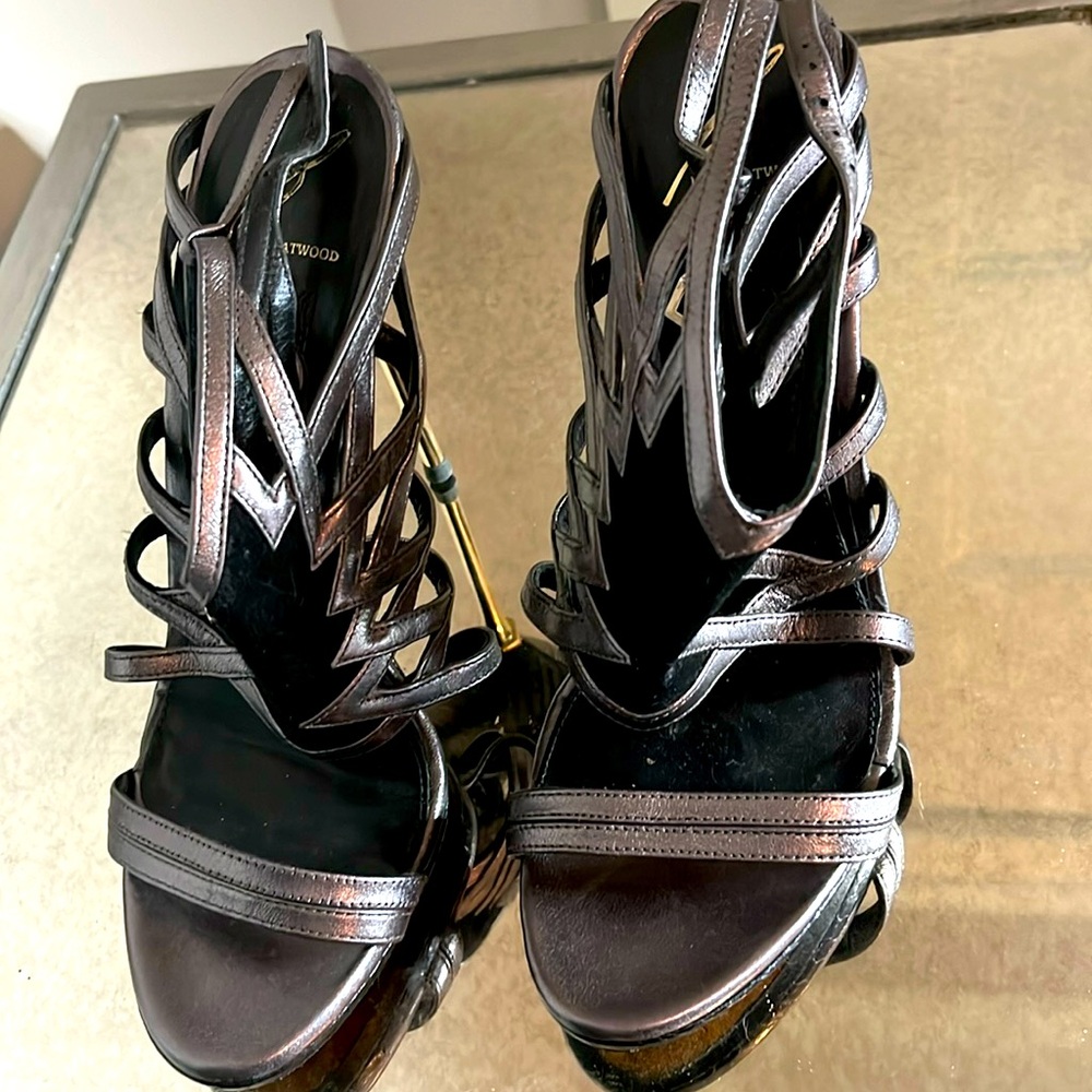 Brian Atwood Metallic sexy open toe with black suede and gold stiletto heel